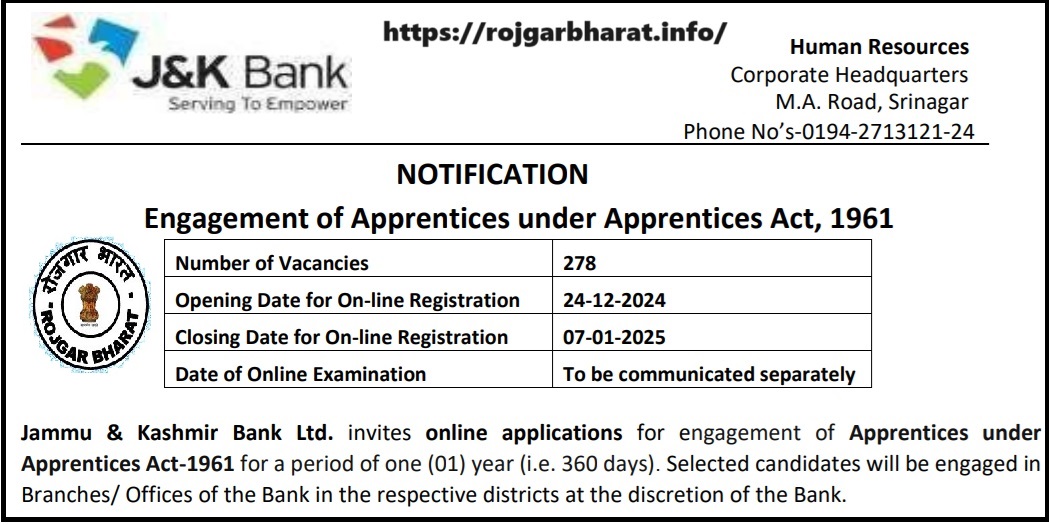 JK Bank Apprentice Recruitment 2024 Apply Online 